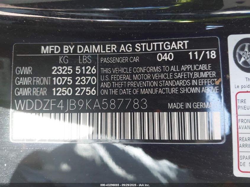 2019 Mercedes-Benz E 300 VIN: WDDZF4JB9KA587783 Lot: 43296085