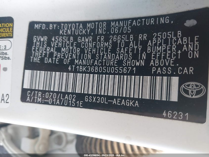 2005 Toyota Avalon Xls VIN: 4T1BK36B05U055671 Lot: 43296094