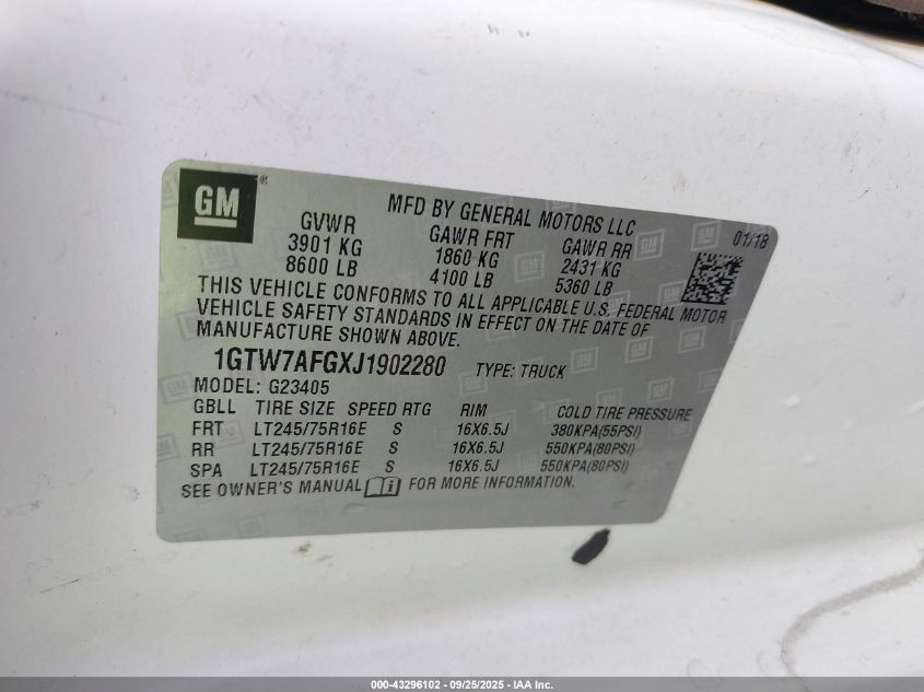 2018 GMC Savana 2500 Work Van VIN: 1GTW7AFGXJ1902280 Lot: 43296102