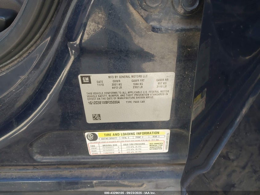 2011 Chevrolet Malibu 1Lt VIN: 1G1ZC5E1XBF250304 Lot: 43296105