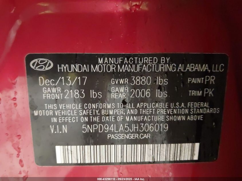 2018 Hyundai Elantra Eco VIN: 5NPD94LA5JH306019 Lot: 43296110