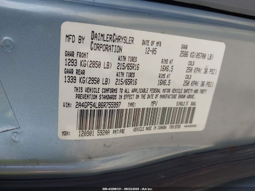 2006 Chrysler Town & Country Touring VIN: 2A4GP54L86R755997 Lot: 43296121