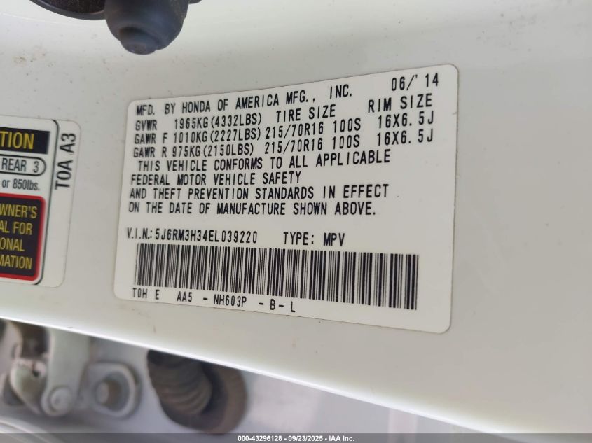 2014 Honda Cr-V Lx VIN: 5J6RM3H34EL039220 Lot: 43296128