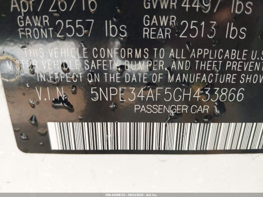 2016 Hyundai Sonata Limited VIN: 5NPE34AF5GH433866 Lot: 43296133