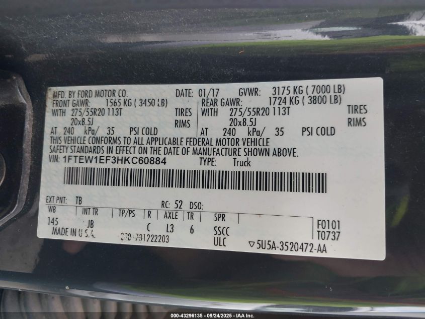 2017 Ford F-150 Xlt VIN: 1FTEW1EF3HKC60884 Lot: 43296135