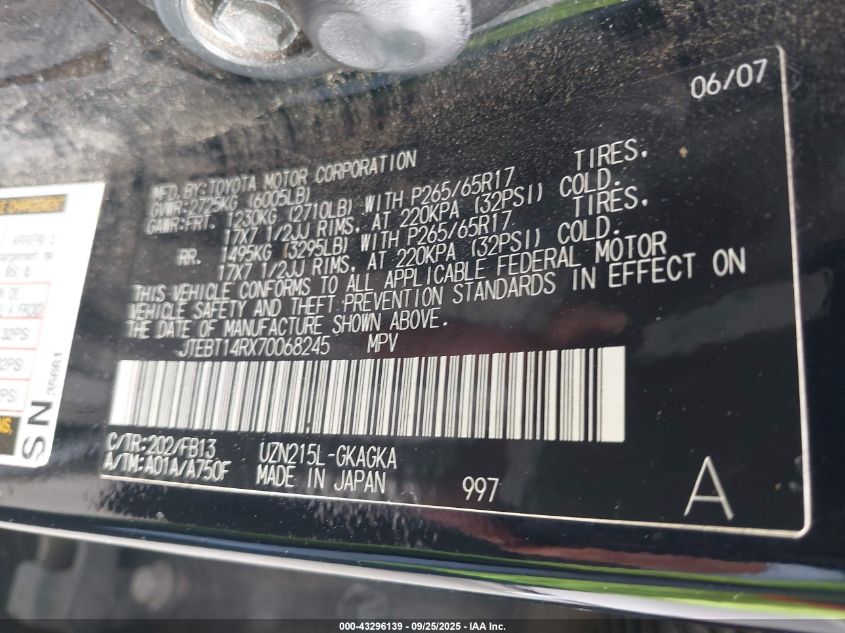 2007 Toyota 4Runner Sport V8 VIN: JTEBT14RX70068245 Lot: 43296139