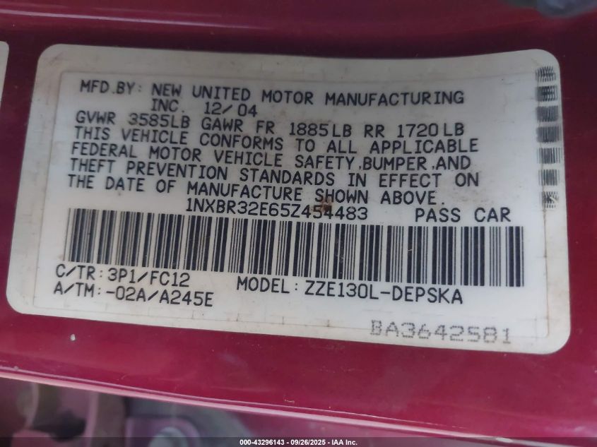 2005 Toyota Corolla S VIN: 1NXBR32E65Z454483 Lot: 43296143