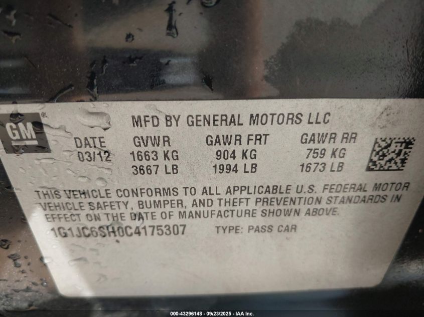 2012 Chevrolet Sonic 2Lt VIN: 1G1JC6SH0C4175307 Lot: 43296148