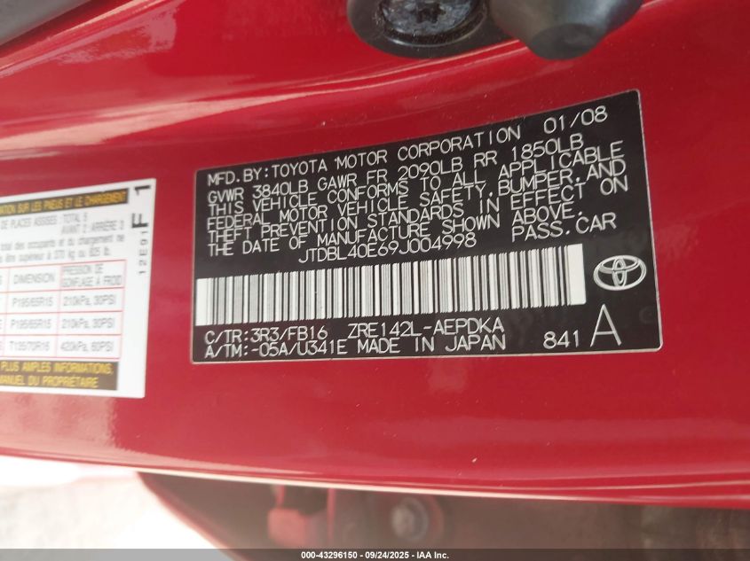 2009 Toyota Corolla Le VIN: JTDBL40E69J004998 Lot: 43296150