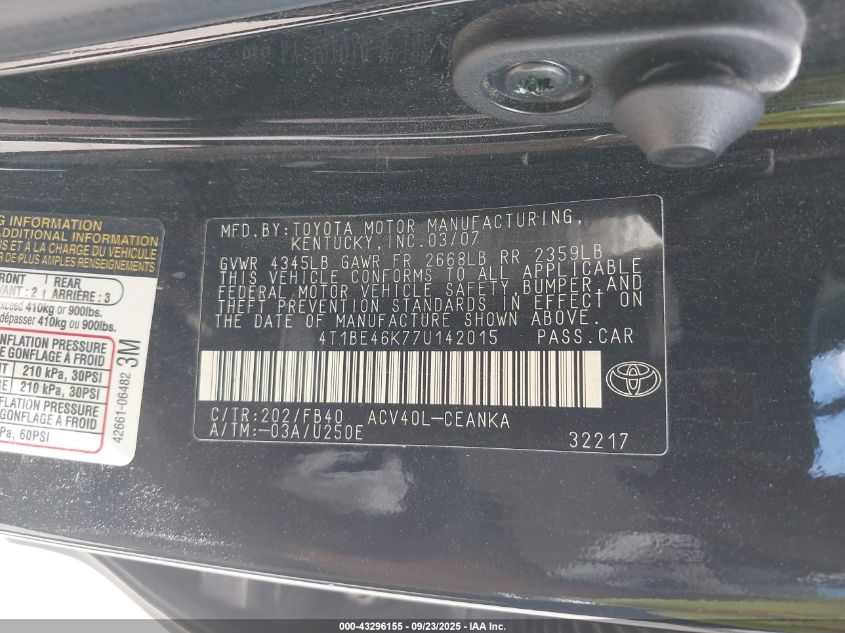 2007 Toyota Camry Le VIN: 4T1BE46K77U142015 Lot: 43296155