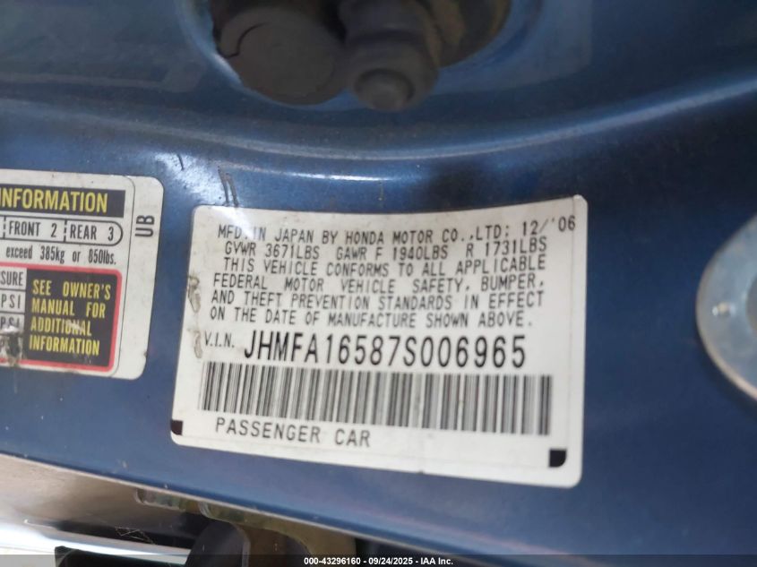 2007 Honda Civic Lx VIN: JHMFA16587S006965 Lot: 43296160