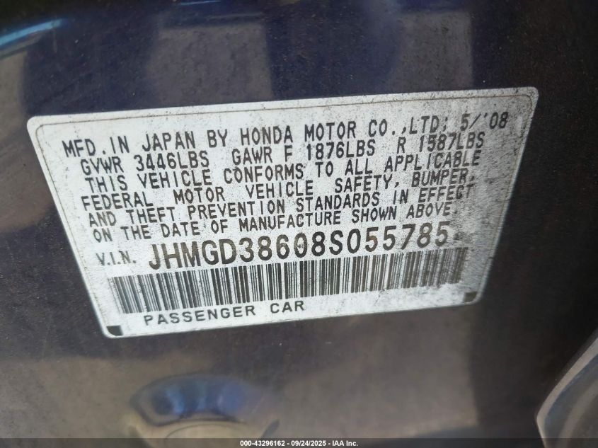 2008 Honda Fit Sport VIN: JHMGD38608S055785 Lot: 43296162