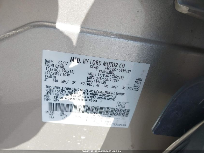 2017 Ford Edge Titanium VIN: 2FMPK3K83HBC07694 Lot: 43296166