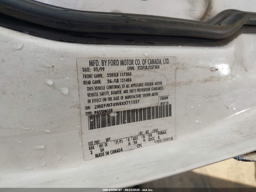 1999 Mercury Grand Marquis Gs VIN: 2MEFM74W8XX711557 Lot: 43296167