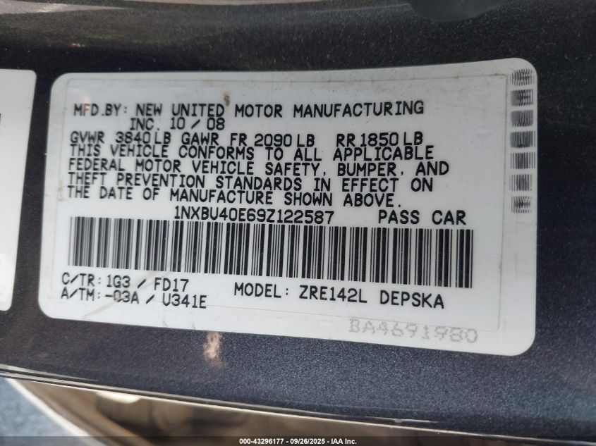 2009 Toyota Corolla S VIN: 1NXBU40E69Z122587 Lot: 43296177