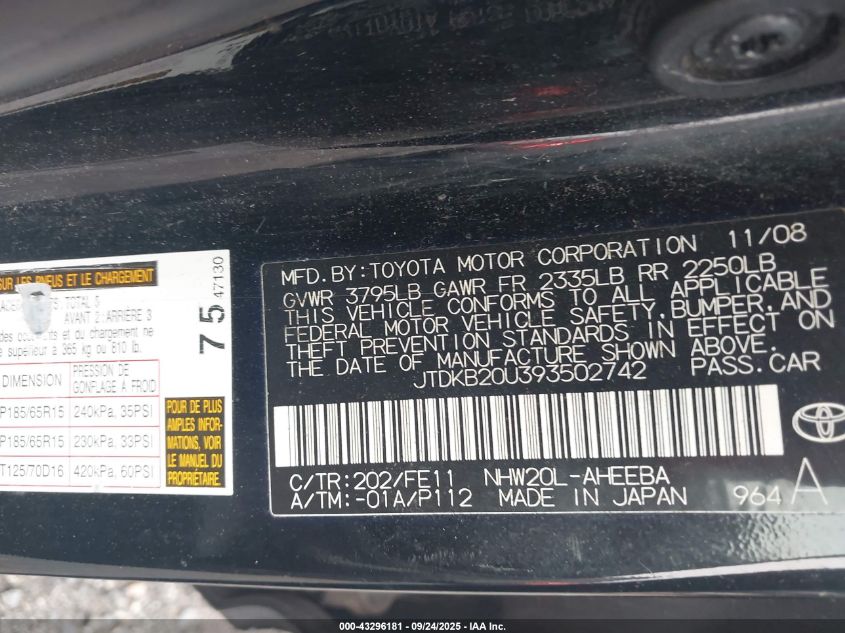 2009 Toyota Prius VIN: JTDKB20U393502742 Lot: 43296181