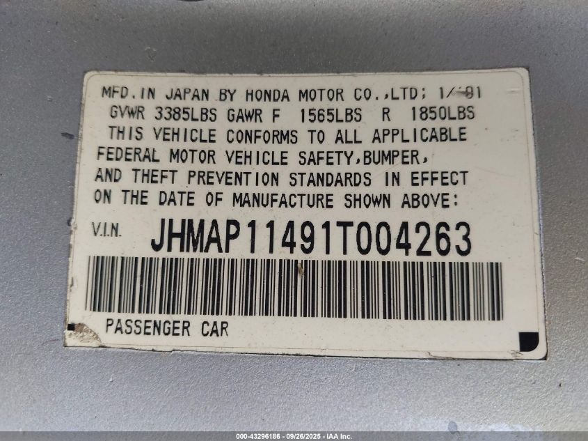 2001 Honda S2000 VIN: JHMAP11491T004263 Lot: 43296186