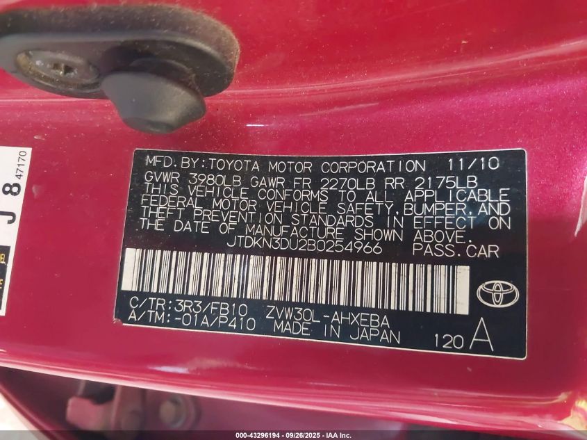 2011 Toyota Prius Three VIN: JTDKN3DU2B0254966 Lot: 43296194