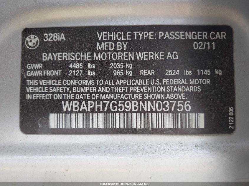 2011 BMW 328I VIN: WBAPH7G59BNN03756 Lot: 43296199