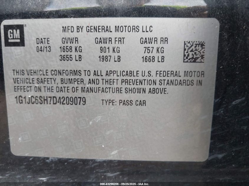 2013 Chevrolet Sonic Lt Auto VIN: 1G1JC6SH7D4209079 Lot: 43296206