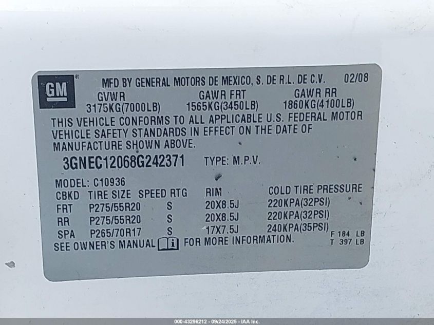 2008 Chevrolet Avalanche 1500 Ltz VIN: 3GNEC12068G242371 Lot: 43296212