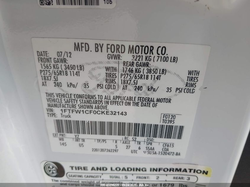 2012 Ford F-150 Xlt VIN: 1FTFW1CF0CKE32143 Lot: 43296220