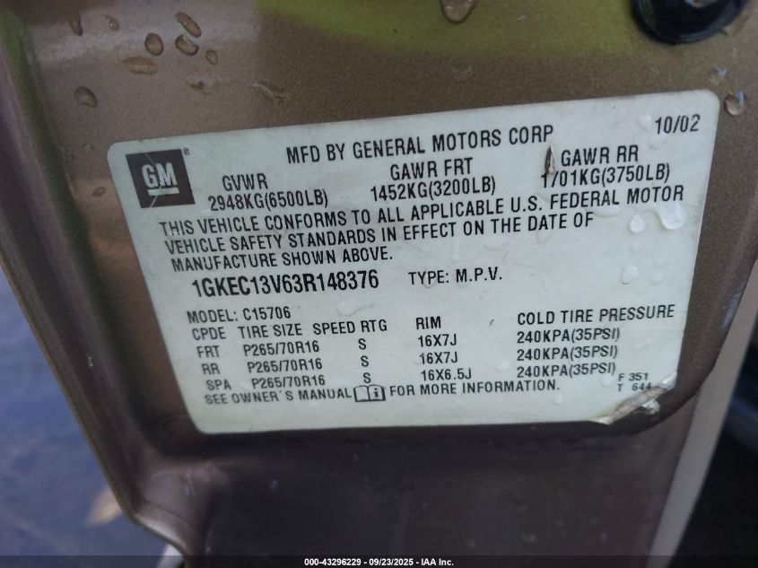 2003 GMC Yukon Slt VIN: 1GKEC13V63R148376 Lot: 43296229