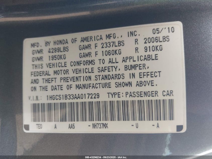 2010 Honda Accord 2.4 Lx-S VIN: 1HGCS1B33AA017229 Lot: 43296234