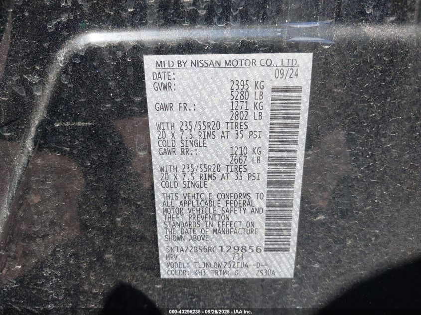 2024 Nissan Murano Sv Intelligent Awd VIN: 5N1AZ2BS6RC129856 Lot: 43296235