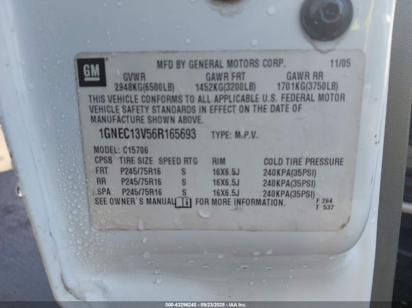 2006 Chevrolet Tahoe Ls VIN: 1GNEC13V56R165693 Lot: 43296240