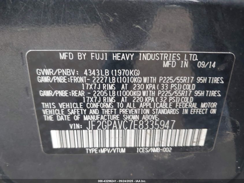 2014 Subaru Xv Crosstrek 2.0I Premium VIN: JF2GPAVC7E8335947 Lot: 43296241