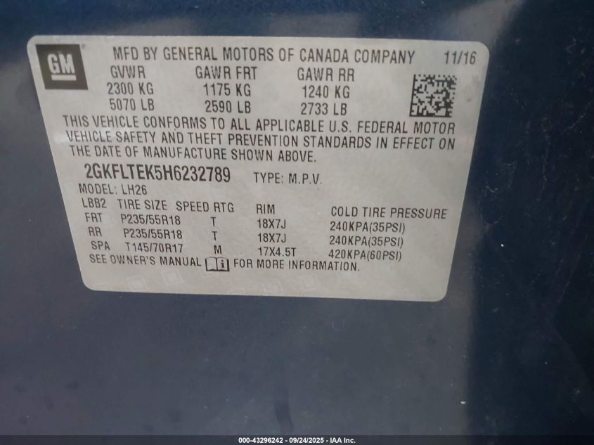 2017 GMC Terrain Sle-2 VIN: 2GKFLTEK5H6232789 Lot: 43296242