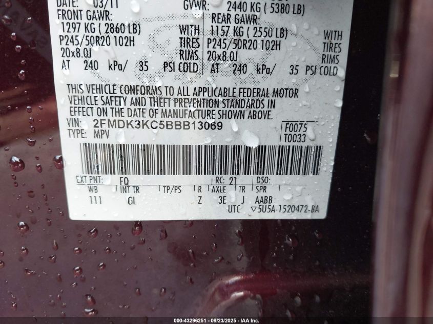 2011 Ford Edge Limited VIN: 2FMDK3KC5BBB13069 Lot: 43296251