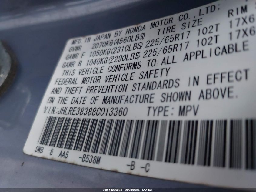 2008 Honda Cr-V Lx VIN: JHLRE38388C013360 Lot: 43296264