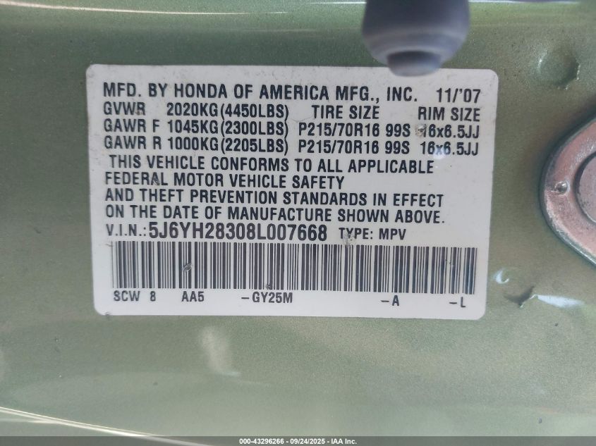 2008 Honda Element Lx VIN: 5J6YH28308L007668 Lot: 43296266