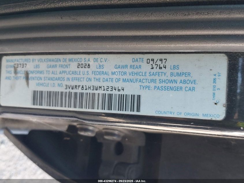 1998 Volkswagen Jetta Tdi VIN: 3VWRF81H3WM123464 Lot: 43296274