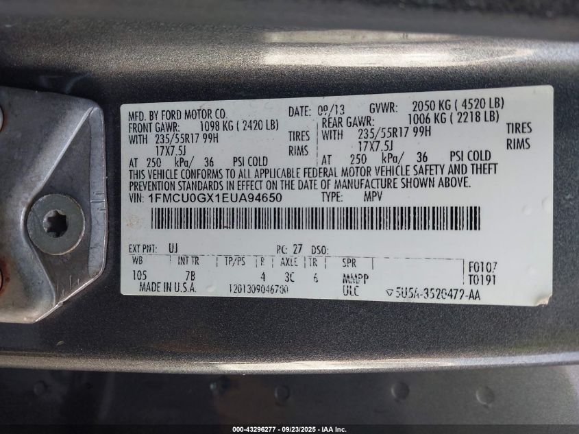 2014 Ford Escape Se VIN: 1FMCU0GX1EUA94650 Lot: 43296277