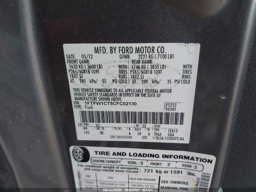 2012 Ford F-150 Fx2 VIN: 1FTFW1CT5CFC02130 Lot: 43296285