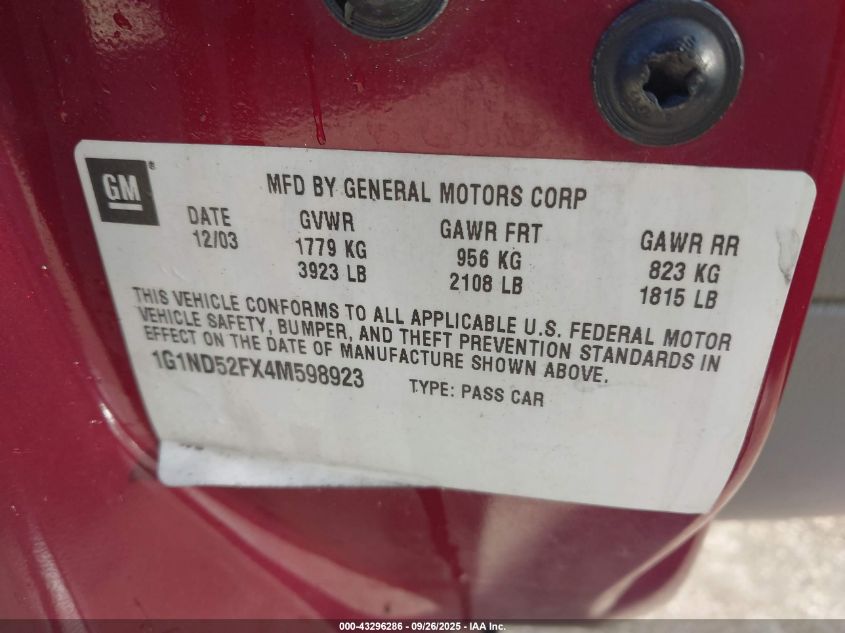 2004 Chevrolet Classic VIN: 1G1ND52FX4M598923 Lot: 43296286