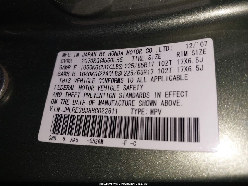2008 Honda Cr-V Lx VIN: JHLRE38388C022611 Lot: 43296292