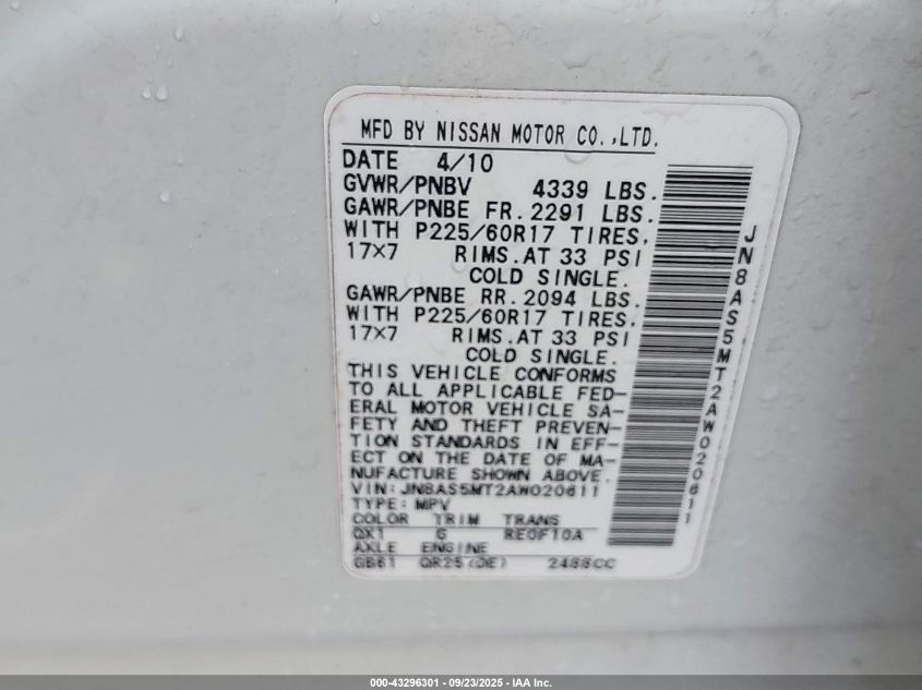 2010 Nissan Rogue Sl VIN: JN8AS5MT2AW020611 Lot: 43296301