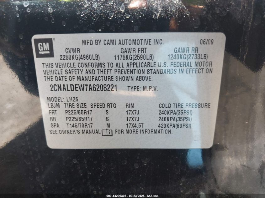 2010 Chevrolet Equinox Lt VIN: 2CNALDEW7A6208221 Lot: 43296305