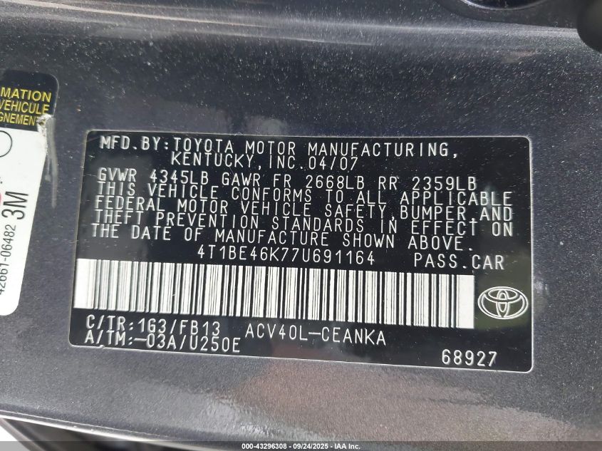 2007 Toyota Camry Le VIN: 4T1BE46K77U691164 Lot: 43296308