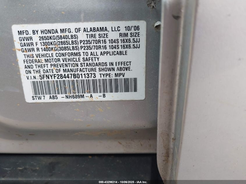 2007 Honda Pilot Ex VIN: 5FNYF28447B011373 Lot: 43296314