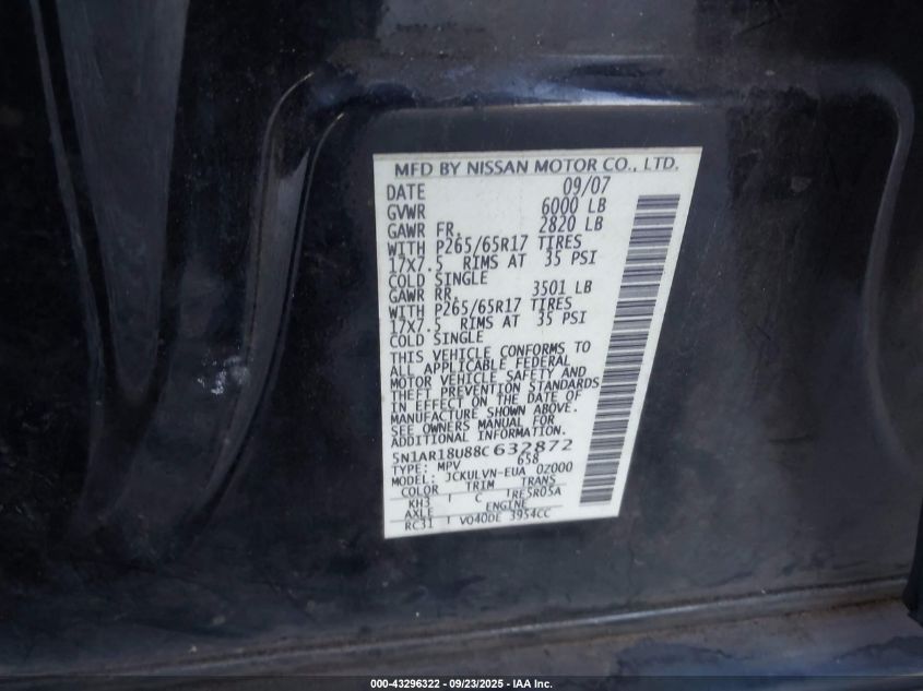 2008 Nissan Pathfinder Le VIN: 5N1AR18U88C632872 Lot: 43296322