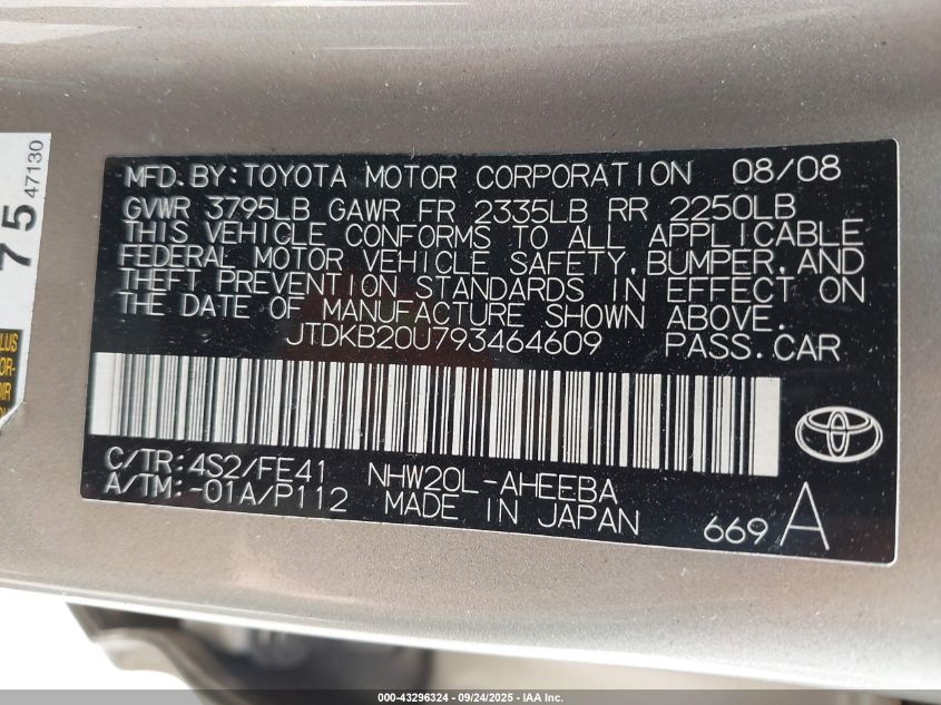 2009 Toyota Prius VIN: JTDKB20U793464609 Lot: 43296324