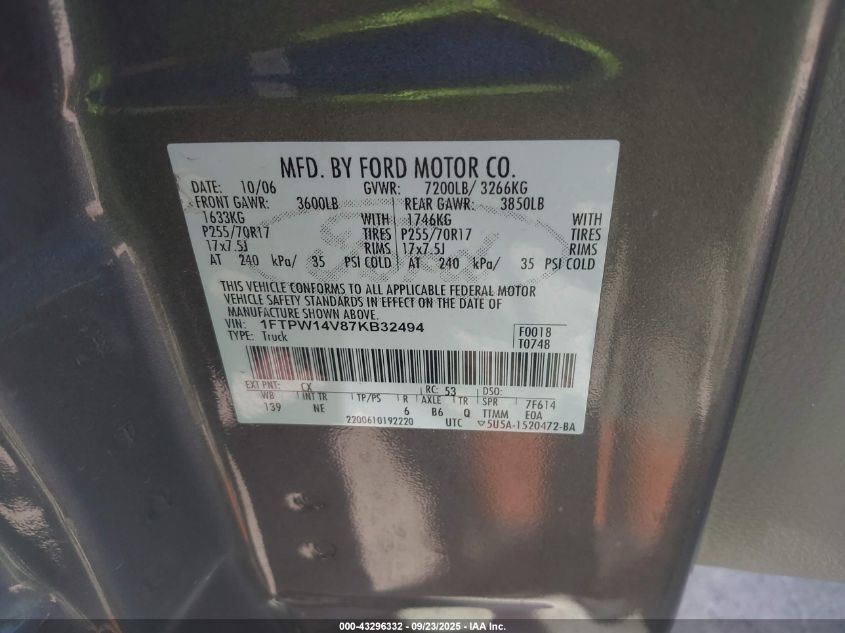 2007 Ford F-150 Fx4/Lariat/Xlt VIN: 1FTPW14V87KB32494 Lot: 43296332