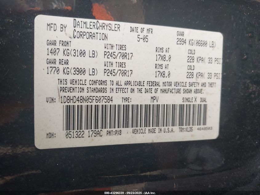 2005 Dodge Durango Slt VIN: 1D8HD48N05F607584 Lot: 43296339