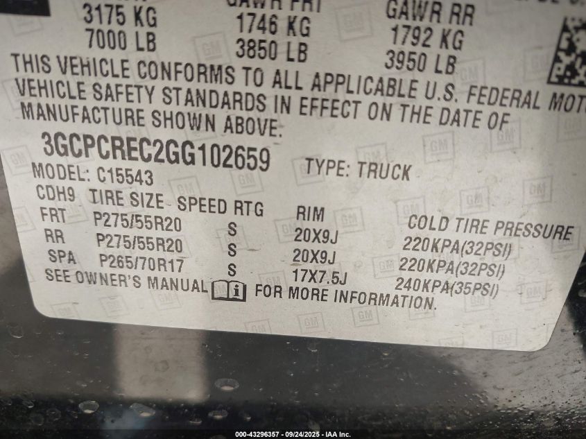 2016 Chevrolet Silverado 1500 1Lt VIN: 3GCPCREC2GG102659 Lot: 43296357