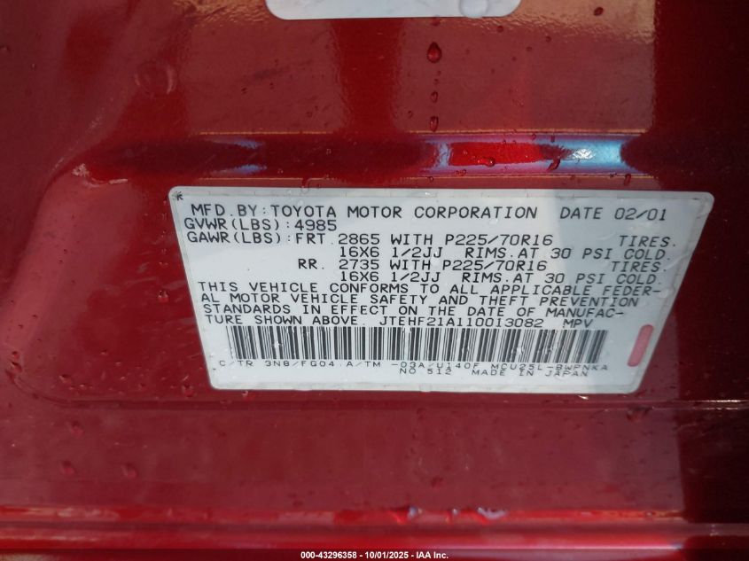 2001 Toyota Highlander V6 (A4) VIN: JTEHF21A110013082 Lot: 43296358